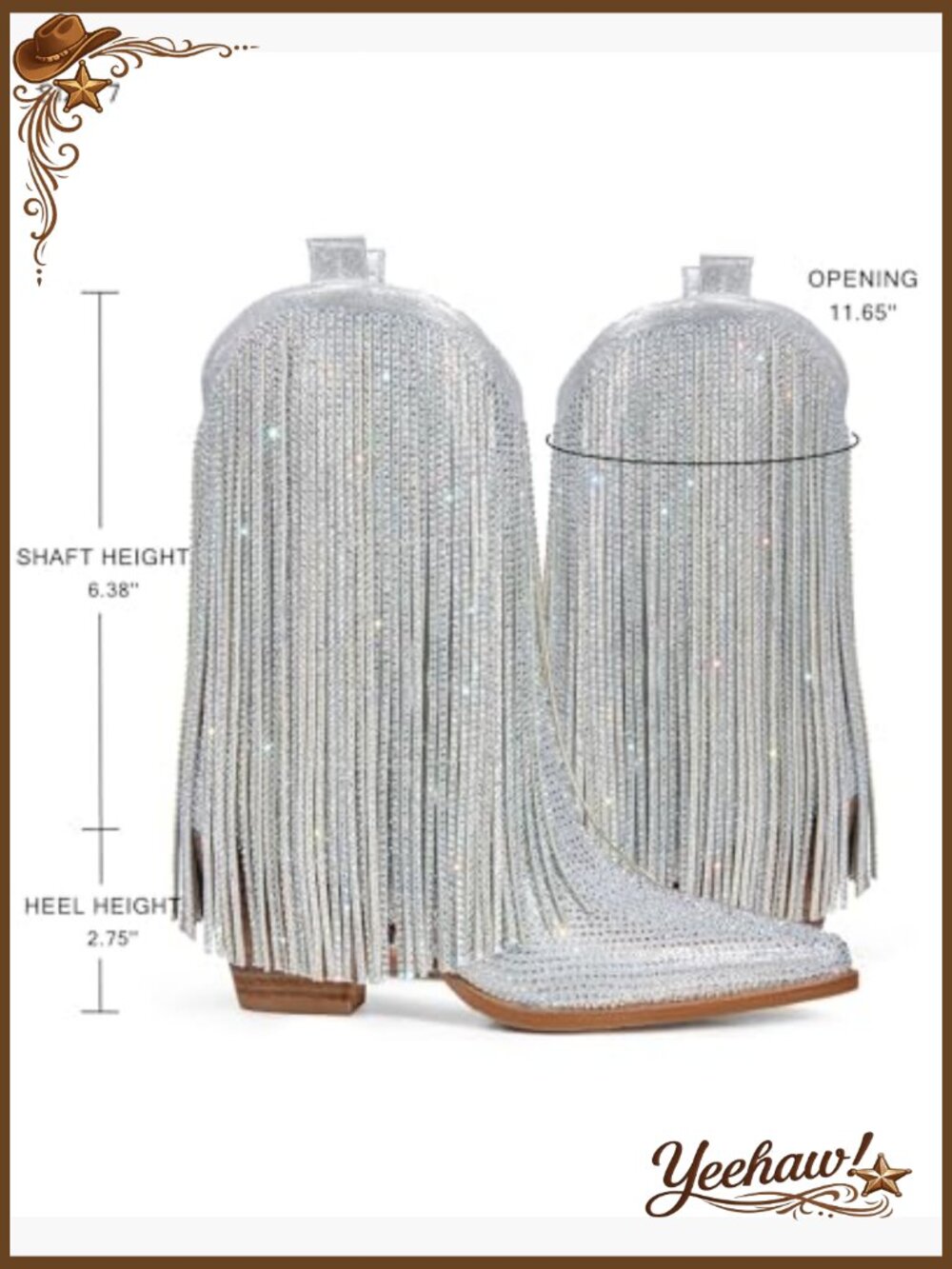 Pointed Toe Western Boots with Rhinestones and Fringe, Chunky Heel - Picture 4 of 6